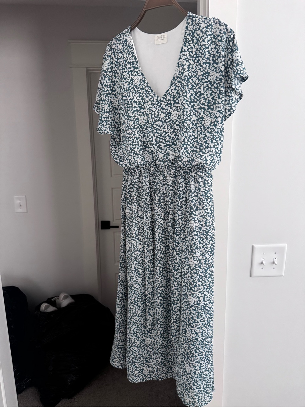 Sienna Sky Teal and White Floral Ruffle-Sleeve Maxi Dress